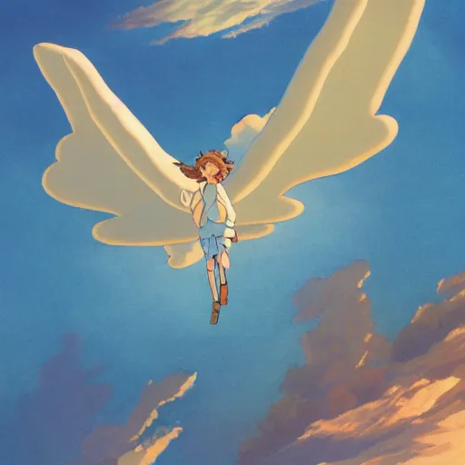 Prompt: A girl flying with a bird-shaped white glider over the clowds, Nausicaa of the Valley of the Wind, Miyazaki Hayao, ghibli style