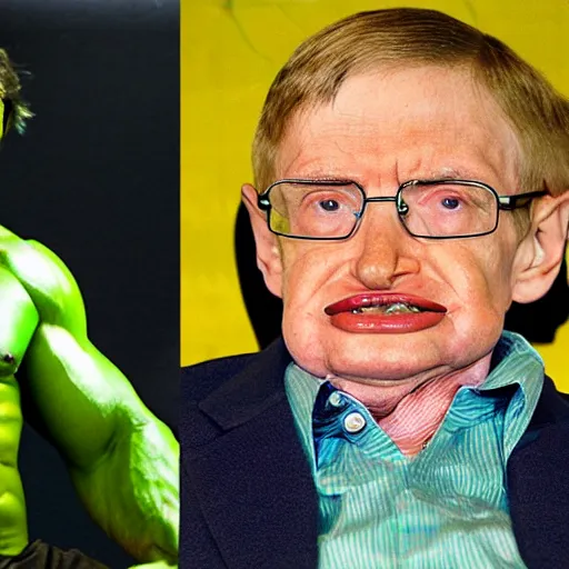 Prompt: stephen hawking cosplaying as the hulk, muscly stephen hawking wearing a hulk costume, bill gates jacked beefy cosplay award winner