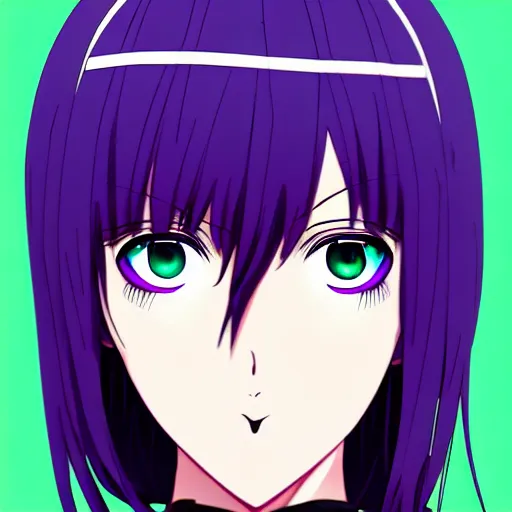 Image similar to anime poster film still portrait, young black woman, black black black woman, purple colored eyes, ( purple colored eyes!!!!!! ), white french bob hairstyle, green colored bomber jacket, detailed facial features, dynamic pose,, rimlight, cel shaded, 4 k