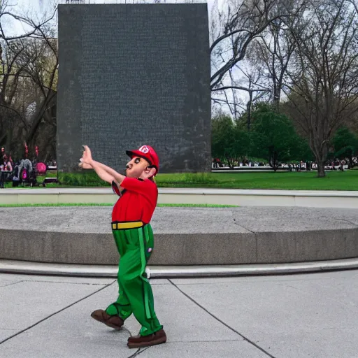 Prompt: mario doing the dab dance move at vietnam memorial