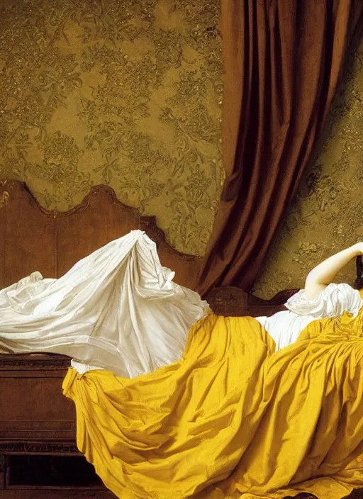 Image similar to masterpiece portrait of lady reclining on bed, rococo flowing cloth in wind raising twisting rising sheets floating in wind flying, wearing yellow ochre ornate medieval dress, vertical, foreshortening, colour photography by frederic leighton, william morris, 8 k