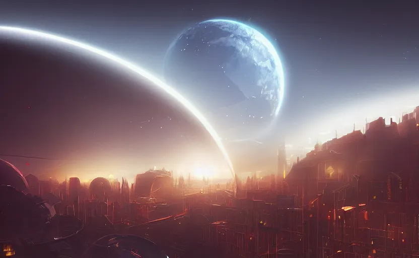 Image similar to digital sci-fi painting of a gigantic black sphere floating over the city, concept art, beautiful moonlit lighting, golden hour, 4k trending on artstation