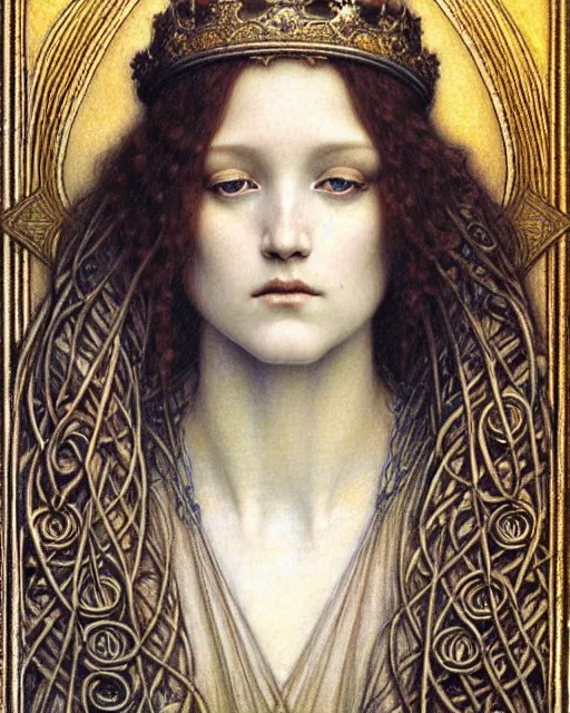 Image similar to detailed realistic beautiful young medieval queen face portrait by jean delville, gustave dore and marco mazzoni, art nouveau, symbolist, visionary, gothic, pre - raphaelite. horizontal symmetry