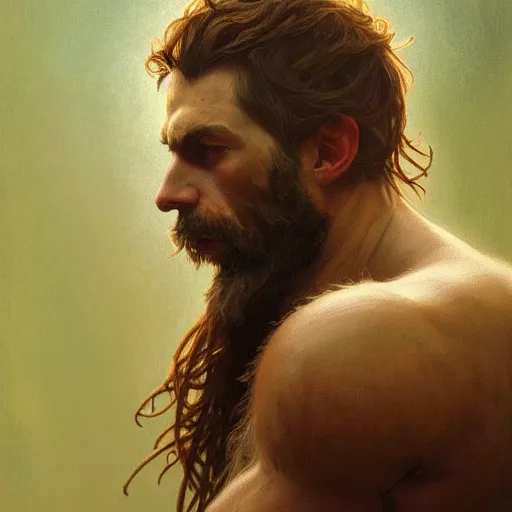 Prompt: portrait of the god of the forest, 30 years old, rugged, male, gorgeous, detailed face, amazing, hairy torso, muscular, intricate, highly detailed, digital painting, artstation, concept art, sharp focus, illustration, art by greg rutkowski and alphonse mucha