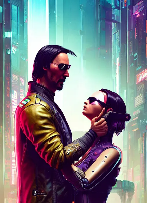 Image similar to a cyberpunk 2077 couple portrait of Keanu Reeves & female android in final kiss,love,film lighting,by Laurie Greasley,Lawrence Alma-Tadema,Dan Mumford,artstation,deviantart,FAN ART,full of color,Digital painting,face enhance,highly detailed,8K,octane,golden ratio,cinematic lighting