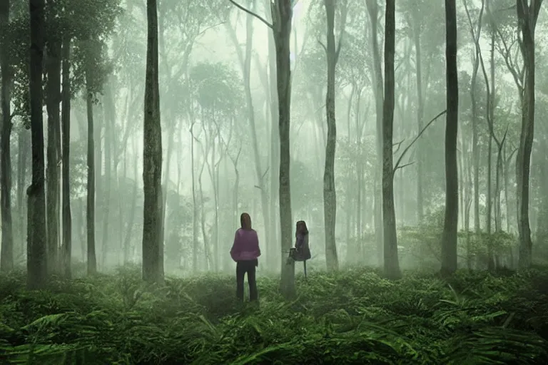 Image similar to tourists visiting a complex organic fractal 3 d ceramic sphere floating in a lush forest, foggy, cinematic shot, photo still from movie by denis villeneuve