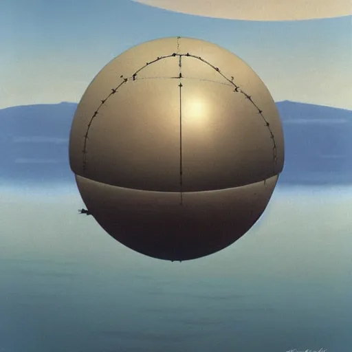 Image similar to a giant metal sphere, addorned with canadian aboriginal patterns, hovering above a lake in Yukon, Ralph McQuarrie, concept art, dramatic perspective.