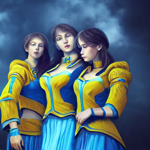Image similar to group of ukrainian girls with blue and yellow clothes near big ruined burget, concept art, trending on artstation, highly detailed, intricate, sharp focus, digital art, 8 k