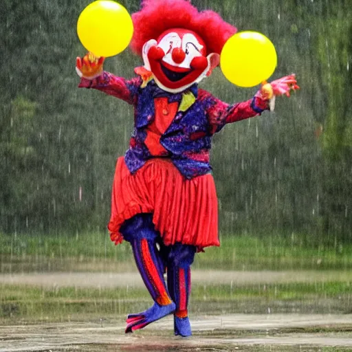 Image similar to clown dAncing with a frog in the rain