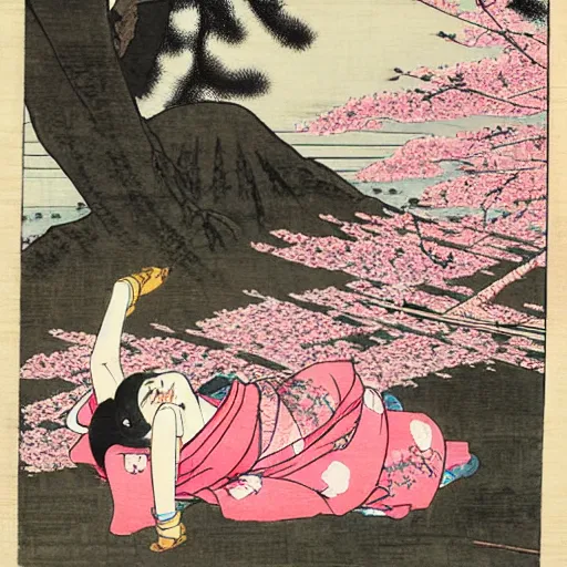 Image similar to japanese edo period woodblock print of a girl laying underneath pink blossoming cherry trees in the background, art by greg rutkowski and yoji shinkawa and akira toriyama