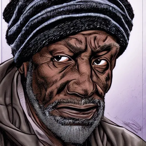 Image similar to a weathered old black man wearing a beanie, comic book, highly detailed, artgerm, looking despondent, sad