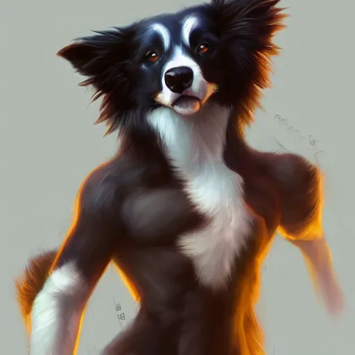 Image similar to wide angle beautiful full body portrait of a strong male anthropomorphic anthro border collie fursona, character design by charlie bowater, henry asencio, and ross tran, furry art, furaffinity, beautiful, glamor pose, detailed, aesthetic, trending on artstation