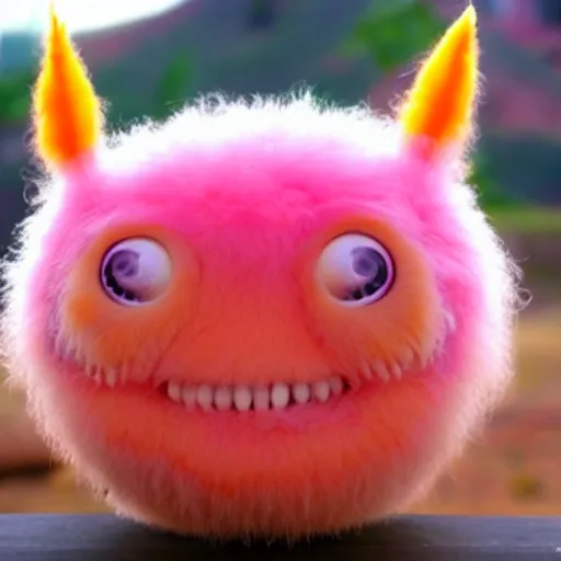 Image similar to an alien with a face that looks like a fuzzy peach the peach is fuzzy pink warm and ripe the alien has horns and a mean smile, 4k, highly detailed, high quality, amazing, high particle effects, glowing, majestic, soft lighting