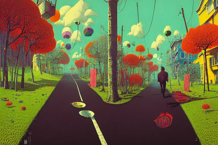 Prompt: surreal glimpse into other universe, jalan - jalan cari makan, summer morning, very coherent and colorful high contrast, art by!!!! gediminas pranckevicius!!!!, geof darrow, floralpunk screen printing woodblock, dark shadows, hard lighting, stipple brush technique,