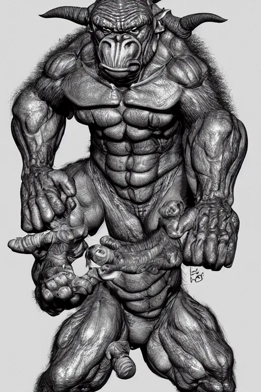 Prompt: humanoid hunched figure troll with 1 horn, ogre, ape, highly detailed, digital art, sharp focus, trending on art station, kentaro miura manga art style