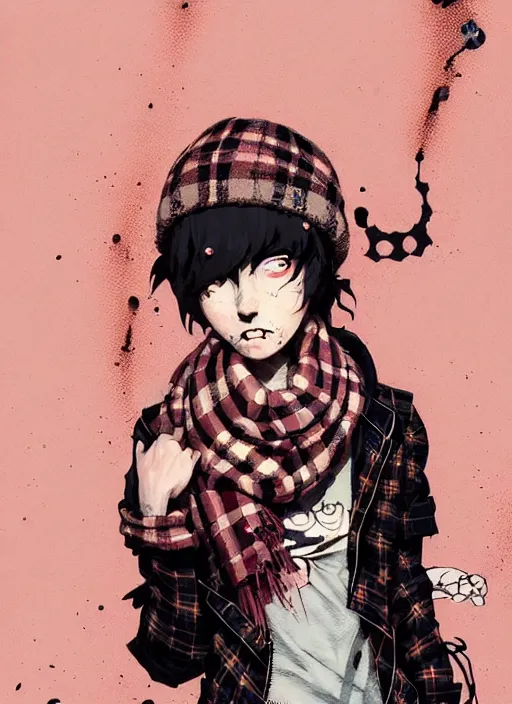 Prompt: highly detailed portrait of a sewer ( ( emo punk ) ) lady student, beanie, yellow eyes, tartan scarf, curly hair by atey ghailan, by greg rutkowski, by greg tocchini, by james gilleard, by joe fenton, by kaethe butcher, gradient pink, black, brown and cream color scheme, grunge aesthetic!!! graffiti tag wall background