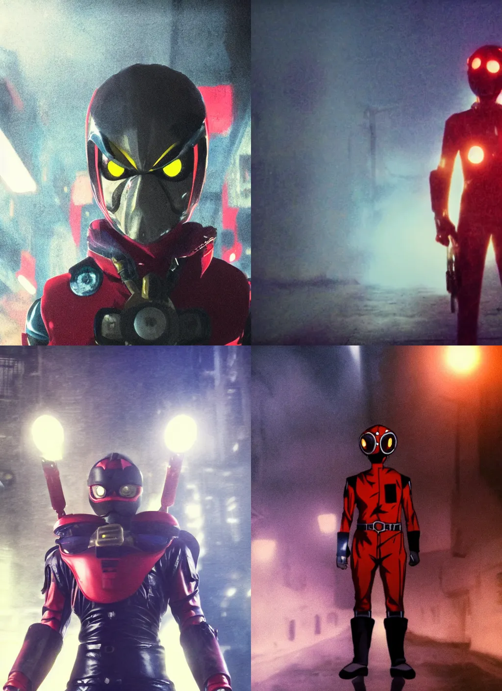 Prompt: hakaider kikaider portrait standing in a foggy alley at night standing in a spotlight, tokusatsu screencap, cinematic post process