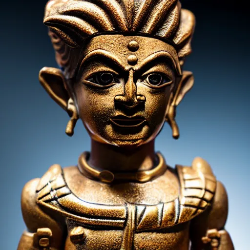 Image similar to photo of fragmented Bronze Babylonian sculpture of Goku made of Bronze, Bronze!! (EOS 5DS R, ISO100, f/8, 1/125, 84mm, postprocessed, crisp face, facial features)