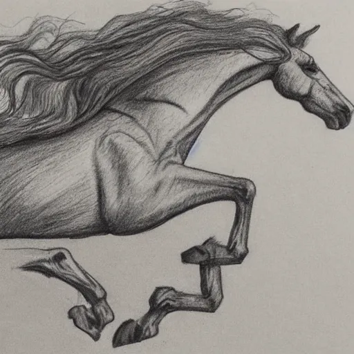 Prompt: a galloping wild horse, side view, gestural-pencil-drawing by da-vinci