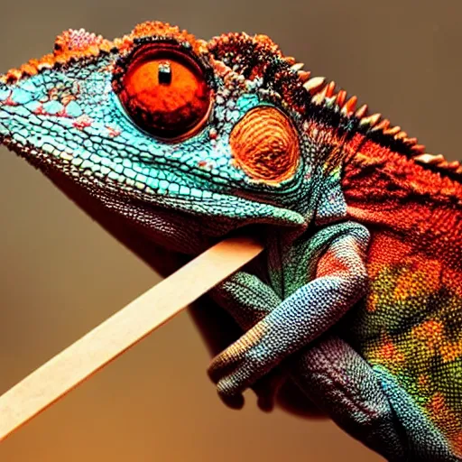 Prompt: a chameleon eating a popsicle