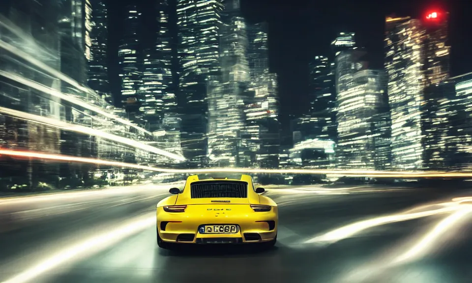 Image similar to photo of a porsche 911 at night driving fast through a city, cinematic, 4k, long exposure photography, tokyo drift, fast and furious, film still, night photography, motion blur, lens flare, movie shot, light trail