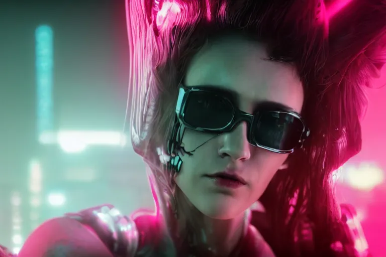 Prompt: vfx film closeup, retrowave necromancer cyberpunk beautiful robot woman, sunglasses, modifications, atmospheric, flat color profile low - key lighting award winning photography arri alexa cinematography, hyper real photorealistic cinematic, atmospheric cool colorgrade