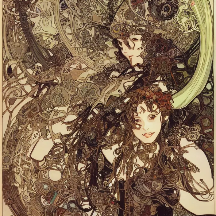 Image similar to alphonse mucha yoji shinkawa moebius jean girard shintaro kago junji ito esoteric hypnogogic ethereal ethereality dreamy combat mech dieselpunk incredible intricate machinery illusionary art and trash polka