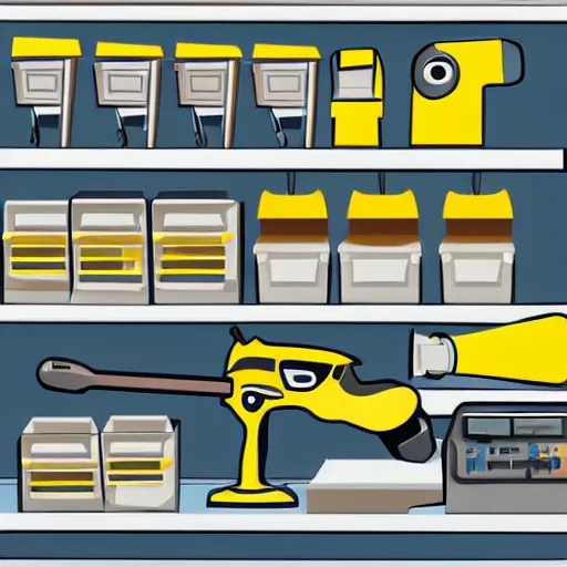 Image similar to cash register in foreground. shelves of hammers and screws and screwdrivers and hard hats in the background. vector art