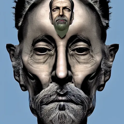 Image similar to an HD beautiful composition of deeply moving genius, flawless and incredible facial portraiture, depicting Father Time who has two faces and is regarding himself as if in the mirror; wondrous futuristic digital paint, by M. C. Escher S 572670079