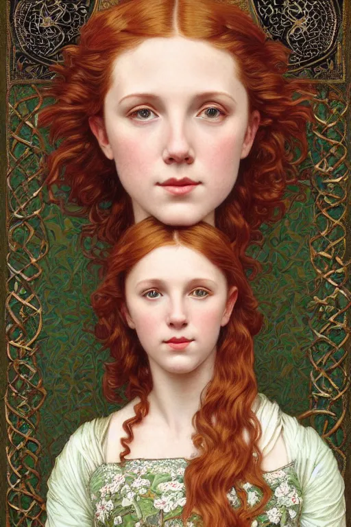 Image similar to intricate art nouveau oil painting of redheaded young millie bobby brown with long hair blowing in the wind, wearing an intricate green lace dress, highly detailed, intricate golden symmetric pattern background, elegant, digital painting, smooth, sharp focus, illustration, ultra realistic, 8 k, by bouguereau, alphonse mucha, artgerm, and donato giancola