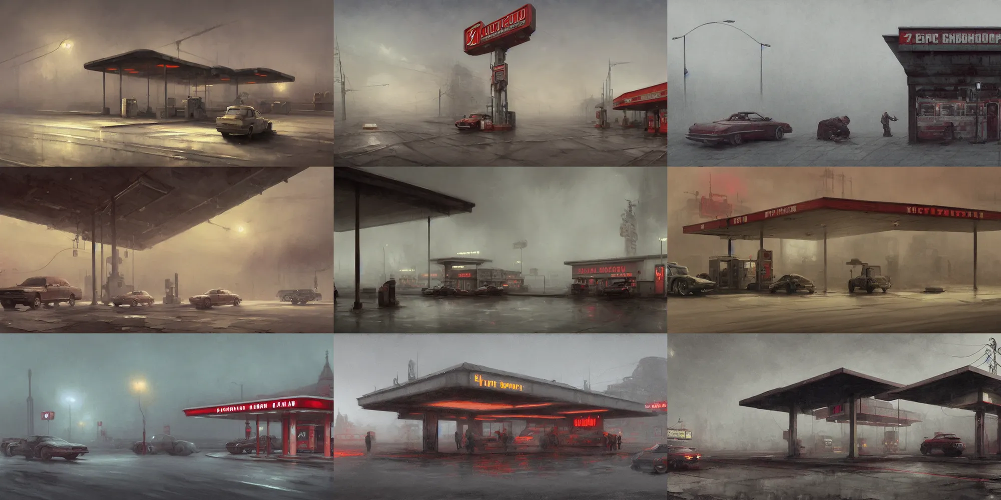 Prompt: a highly detailed epic cinematic concept art CG render digital painting artwork: Soviet gas station, fog. By Greg Rutkowski, in the style of Francis Bacon and Syd Mead and Norman Rockwell and Beksinski, open ceiling, highly detailed, painted by Francis Bacon and Edward Hopper, painted by James Gilleard, surrealism, airbrush, Ilya Kuvshinov, WLOP, Stanley Artgerm, very coherent, triadic color scheme, art by Takato Yamamoto and James Jean