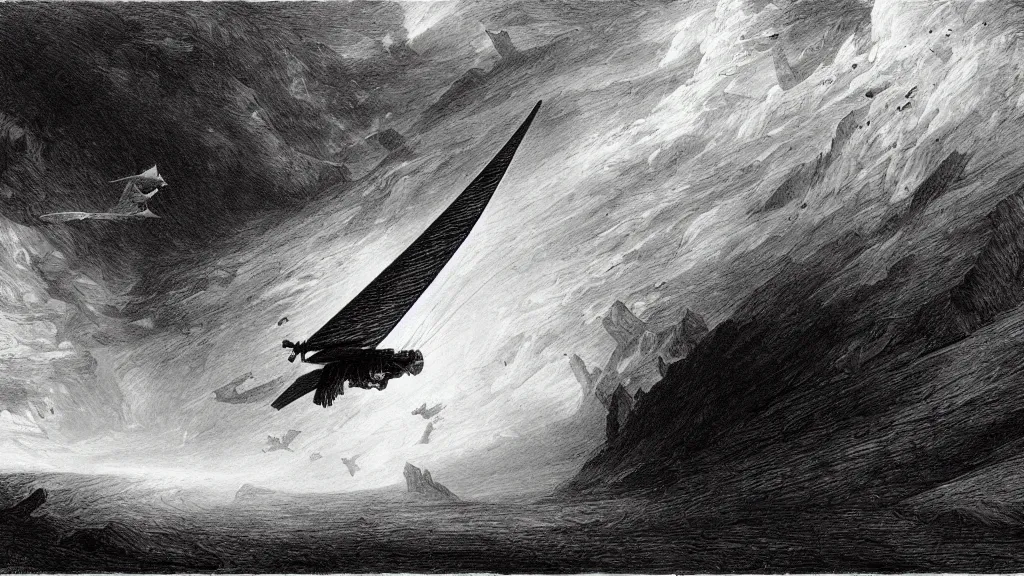 Image similar to drawing of an ornithopter flying toward a desert storm, by gustave dore, nineteenth century, black and white, vintage, science fiction, epic composition, dramatic lighting, highly detailed, cinematic