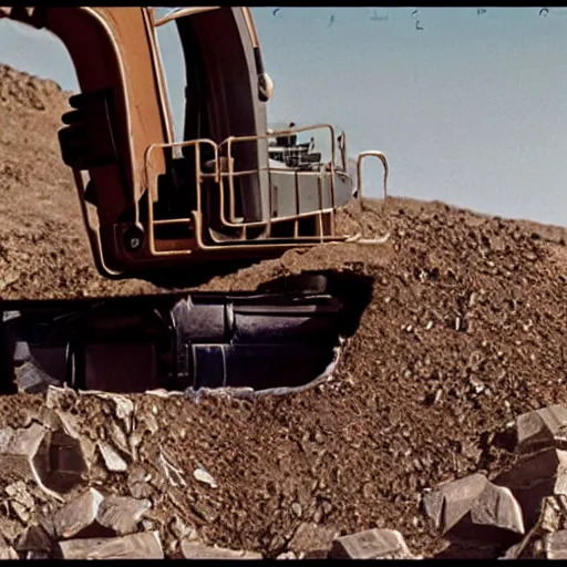 Image similar to robot archaeologist digging up the remains of human civilisation cinematic realistic 3 5 mm