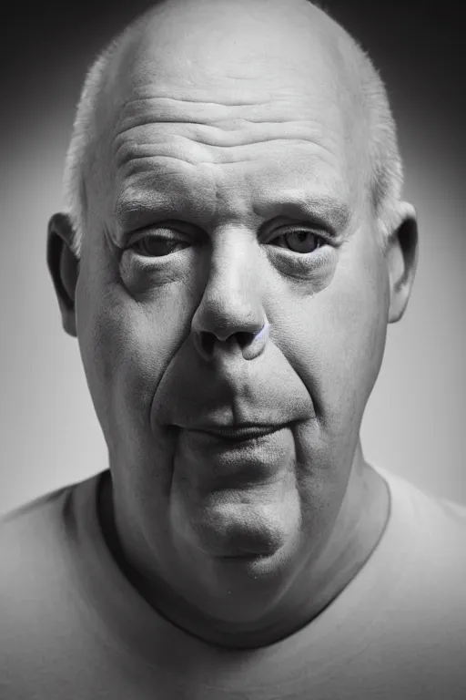 Image similar to studio portrait of man that looks excactly like homer simpson, lookalike, as if homer simpson came to life, soft light, black background, fine details, close - up, award winning photo by lisa kristine
