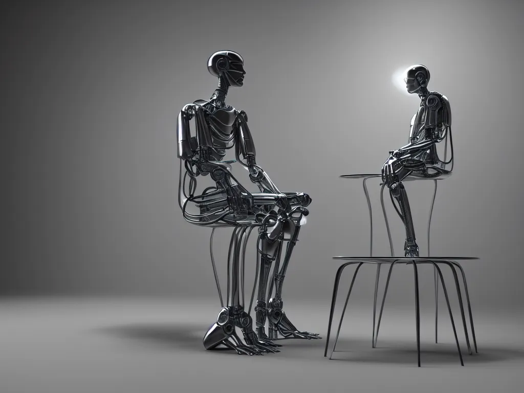 Prompt: an I Robot sitting on a chair and thinking, the thinker, by mario feng, ray tracing, master shot, octane render, 8k, ultra hd, perfect light