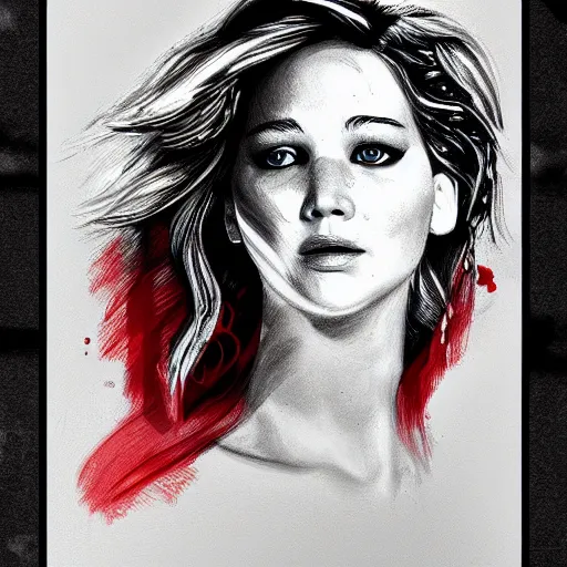 Image similar to dream jennifer lawrence portrait sketch artstation in red and white