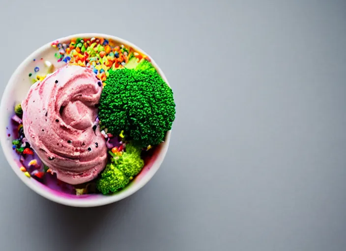 Prompt: food photo still of soft serve swirled frozen yogurt topped with broccoli and rainbow sprinkles, 8 5 mm f 1. 8 studio lighting