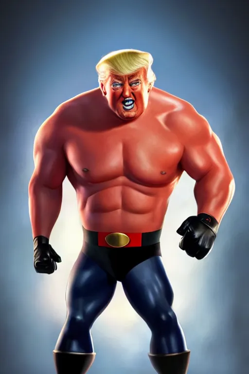 Image similar to trump as mr. incredible from the incredibles, hyper realistic, highly detailed, digital painting, trending on artstation, concept art, sharp focus, illustration, art by artgerm and greg rutkowski and fuji choko and viktoria gavrilenko and hoang lap