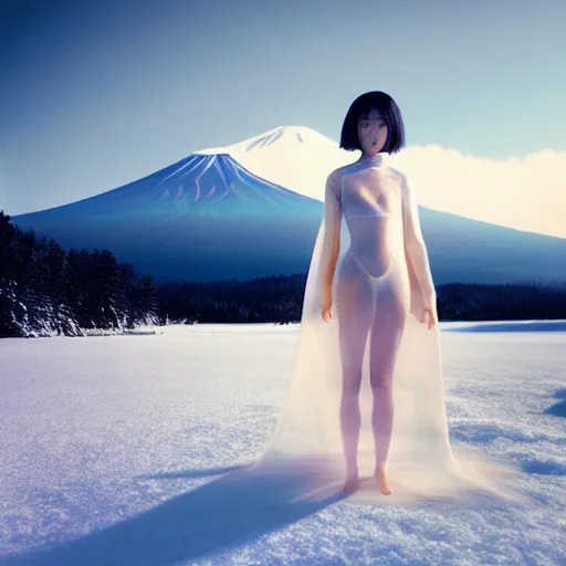 Image similar to a instax photo of fuji mountain, a tall japanese girl in a transparent sheer fabric dress against the background of fuji mountain, severe snow, full body shot, perfect symmetrical body, perfect symmetrical face, coherent symmetrical eyes, by peter kemp, by monia merlo, hyperrealistic, hyperdetailed, octane render, 8 k