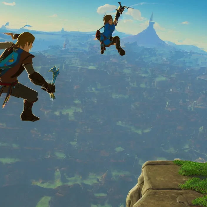 Image similar to Tony Hawk in The Legend of Zelda Breath of the Wild, detailed screenshot