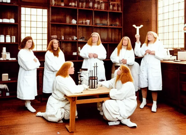 Image similar to realistic photo of a group of medieval female scientists wearing white shorts, watching at a levitating fluffy furry cloud, in a living room laboratory with many wooden gadgets made of wood interior is made of wood 1 9 9 0, life magazine reportage photo, natural colors