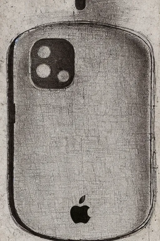 Prompt: ��Design drawing of iPhone 13 by Leonardo da Vinci, 13th century.”
