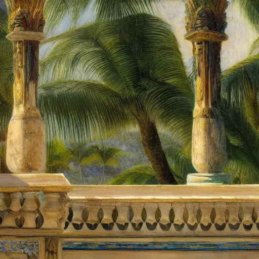 Image similar to a ultradetailed beautiful painting of a old fountain in the amazonas palace balustrade designed by jules bastien - lepage, tarsila do amaral, frank weston and gustave baumann, beach, trending on artstation, mediterranean, palm trees, sharp focus, soft light, 8 k 4 k