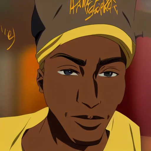 Image similar to Tupac Shakur, screenshot from a 2012s anime