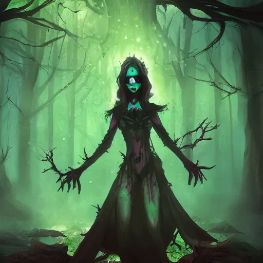 Image similar to a female necromancer is summoning her undead army in a forest, her hand emit a green vapour, dynamic pose, chromatic aberration , medium level shot, Grim fantasy, illustration ,digital painter, concept art,