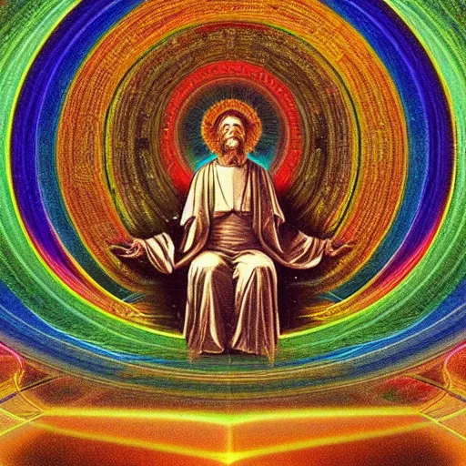 Image similar to god sitting in the center of the multi dimensional latent space conceptualizing our collectively designed divine imaginations