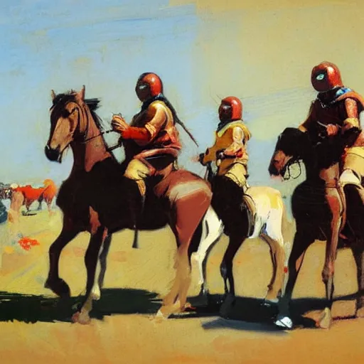 Prompt: portrait of horse wearing caparisons, medieval joust by greg manchess, bernie fuchs, walter everett, lost edges