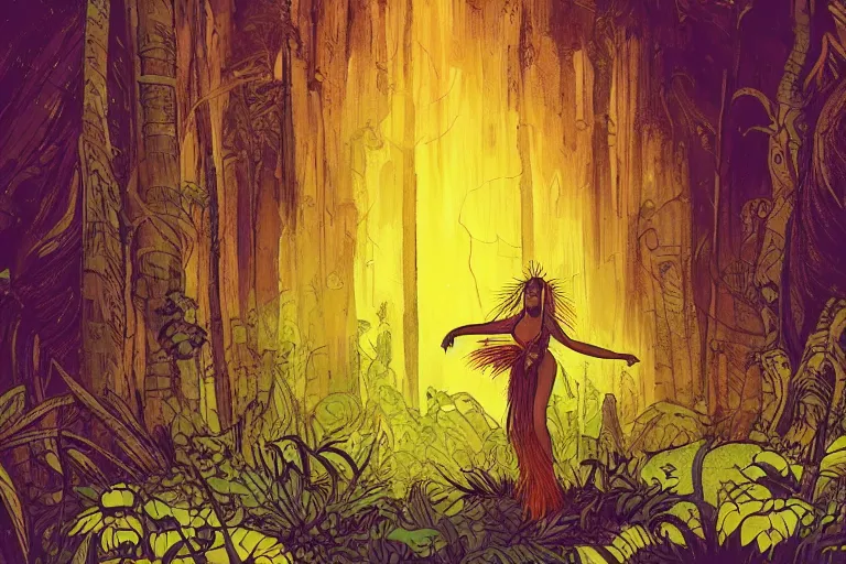 Prompt: A young woman in a yellow dress as shaman dancing in with spirits in a mystical forest of an exotic world, by Chiara Bautisya, annihilation movie, blade runner movie, in style of Laurie Greasley, Jen Bartel, Background by Tarmo Juhola, kowloon, cinematography Roger Deakins,