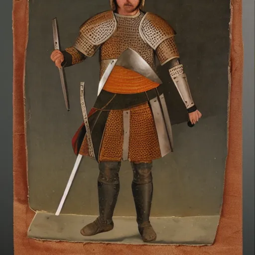 Image similar to photograph of a medieval warrior from koingation with wolf ears and a wolf tail, holding an arming sword wearing light leather armor