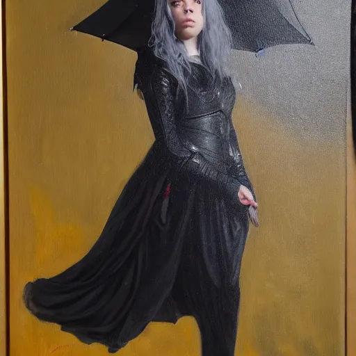 Image similar to Billie Eilish as female loki, oil on canvas, noir, trending on artstation, by Ian Sprigger and Edmund Blair Leighton and Charlie